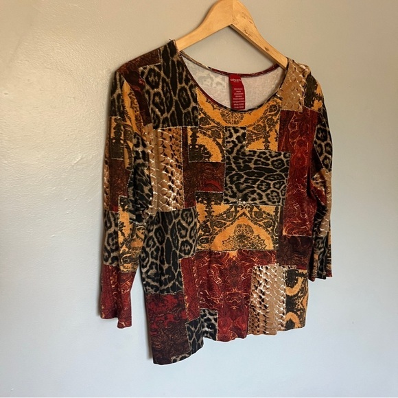Olsen Europe Women’s Patchwork Pattern 3/4 Sleeve Shirt Top Red Large XL 14 - Picture 3 of 9